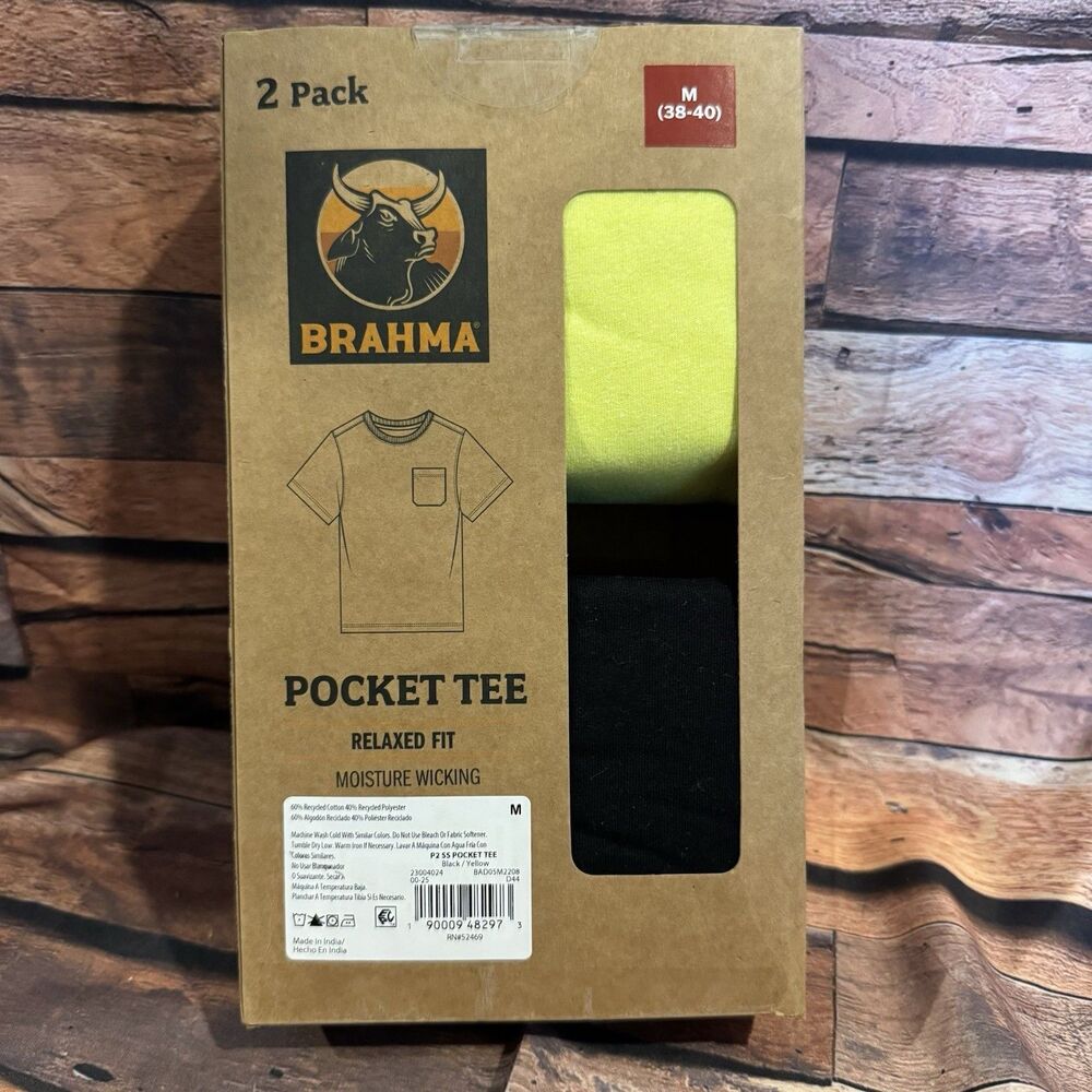 Brahma Mens Pocket T-Shirts 2 Pack Medium Black Yellow Moisture Wicking NIB
